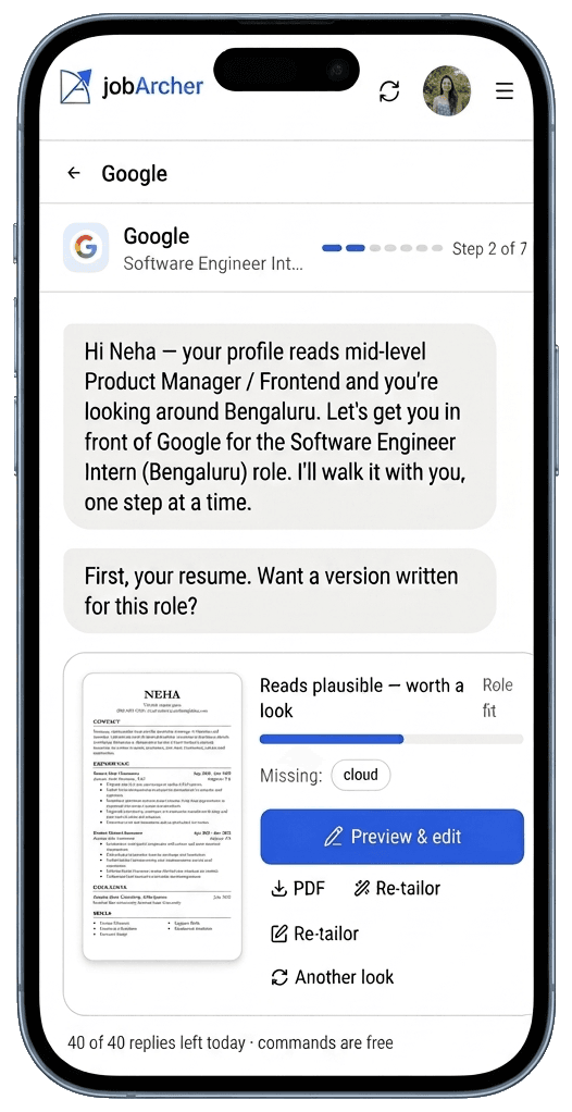 jobArcher on a phone, matching a role and tailoring a resume